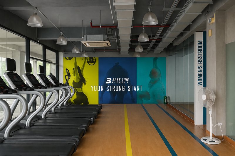 Baseline Fitness interior with treadmills and the YOUR STRONG START mural